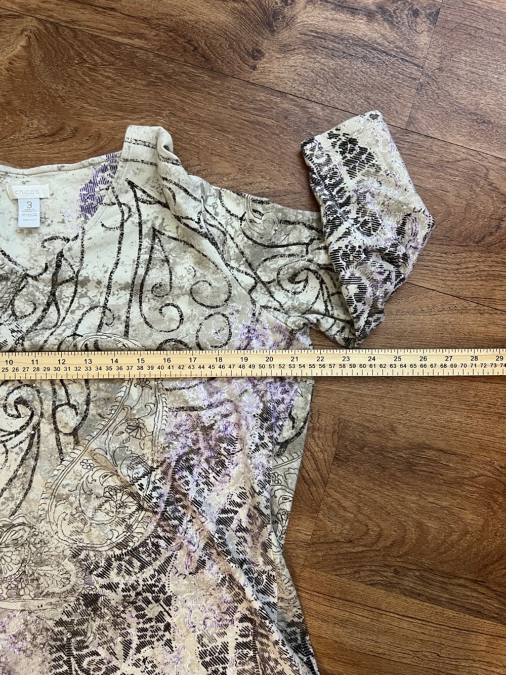 Chico’s Size 3 Purple Paisley Scroll Print 3/4 Sleeve Knit Top XL - Picture 6 of 7